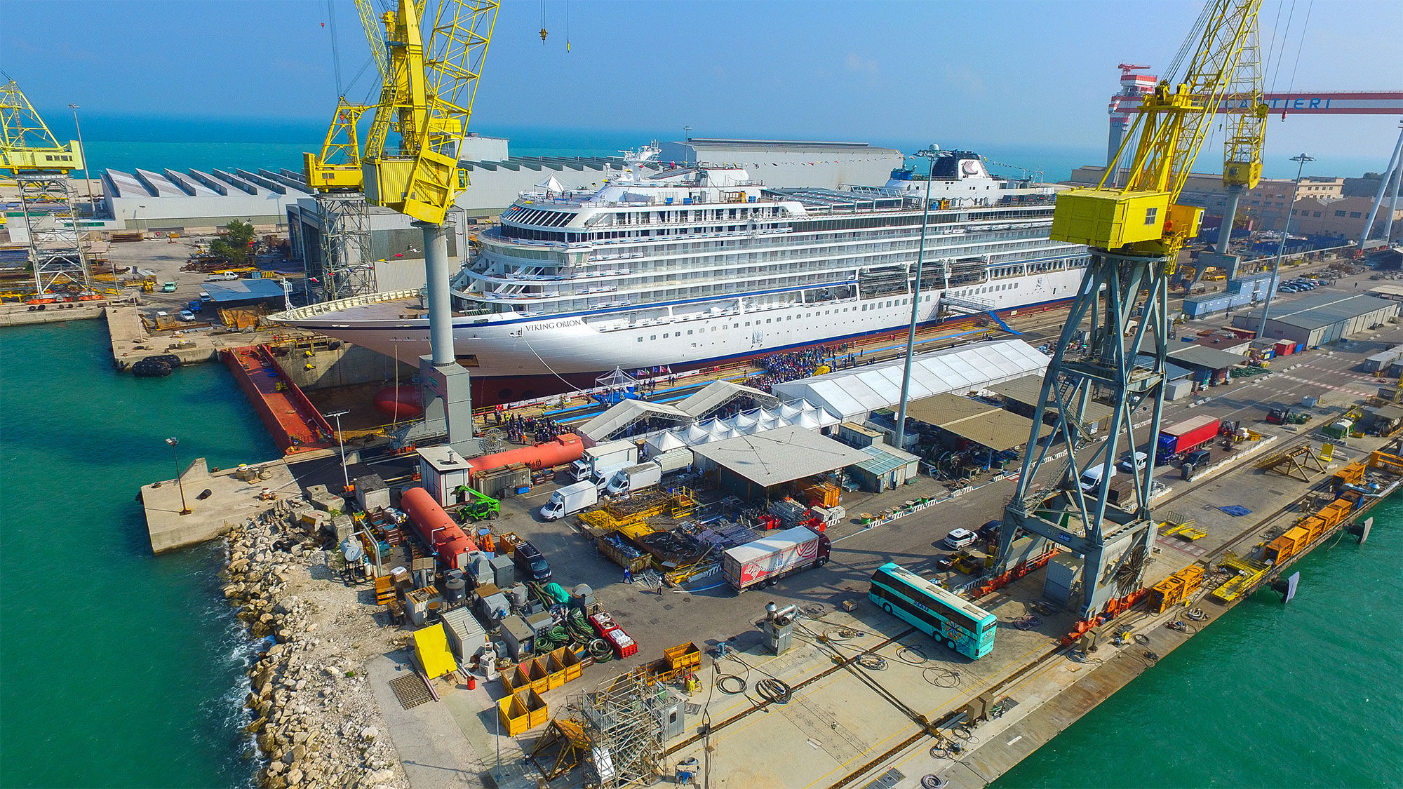 The Viking Orion at its float-out in Ancona, Italy.