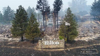 A still from Douglas Thron's drone video showing the Hilton Sonoma property after a wildfire.