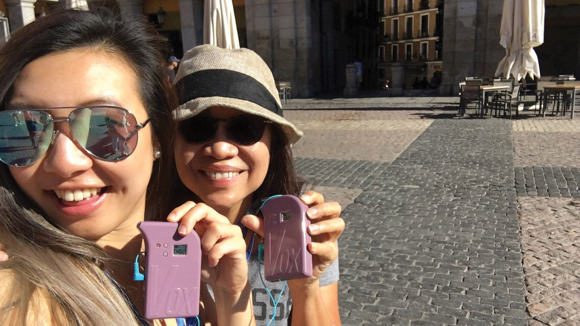 The author, right, with her goddaughter, Kim, in Madrid’s Plaza Mayor.