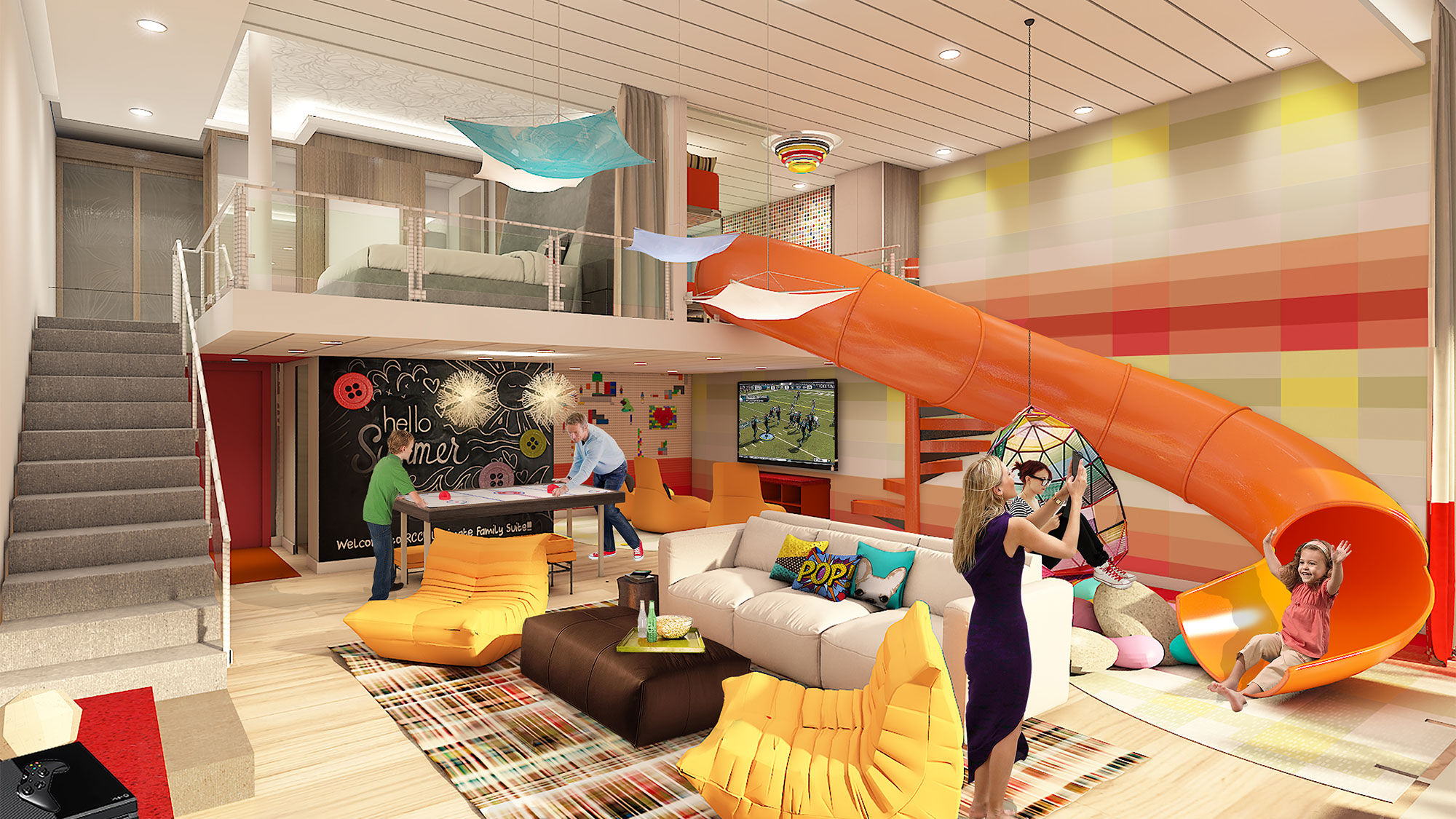 To get from the loft to the main floor in the Ultimate Family Suite, take the stairs or the slide.