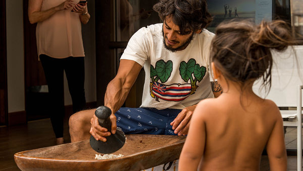 Oahu subsistence farmer Daniel Anthony demonstrates the technique for pounding poi at the Hyatt Centric Waikiki. Oahu subsistence farmer Daniel Anthony demonstrates the technique for pounding poi at the Hyatt Centric Waikiki.