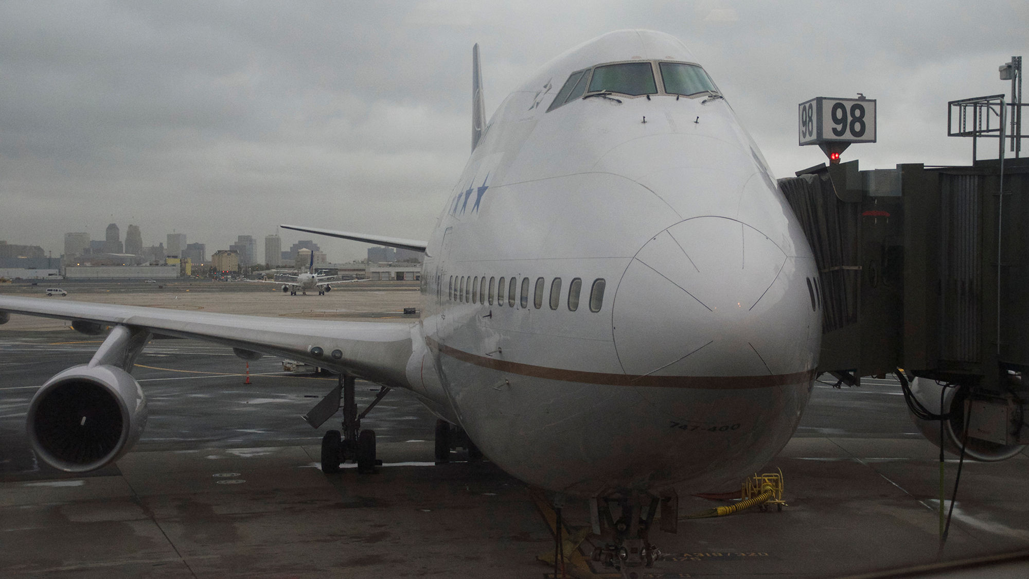 A United Airlines Boeing 747 parked at Gate C98 at Newark Airport on Tuesday.