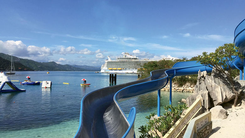 A view of the Harmony of the Seas at Labadee, Haiti, in 2017. Royal Caribbean has paused calls there through October.