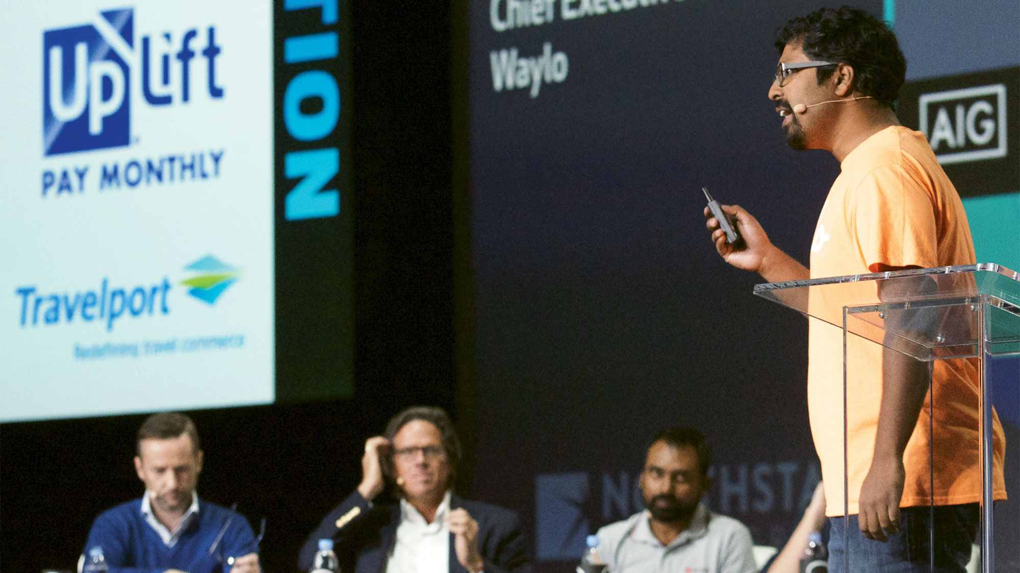 Waylo CEO Angik Sarkar makes a presentation about his company, which created a hotel price prediction and tracking app, in front of the Dragons Panel at the Phocuswright Innovation Summit.
