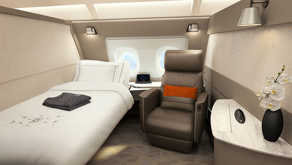 First-class suites measure 50 square feet and come with their own recliners and single beds. First-class suites measure 50 square feet and come with their own recliners and single beds.