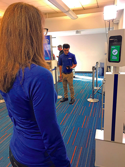The staging area for a recent hands-free boarding trial on Boston-Aruba flights. JetBlue partnered with U.S. Customs and Border Protection on the trial. The staging area for a recent hands-free boarding trial on Boston-Aruba flights. JetBlue partnered with U.S. Customs and Border Protection on the trial.