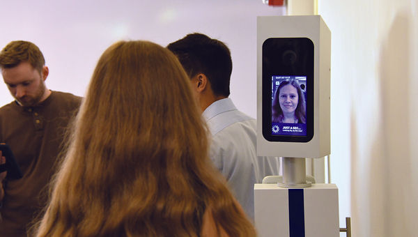 A passenger’s face is recorded and used instead of a boarding pass during the trial this summer. A passenger’s face is recorded and used instead of a boarding pass during the trial this summer.
