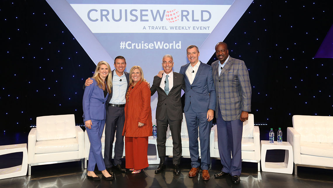 From left: Jan Swartz of Princess Cruises, Andy Stuart of Norwegian Cruise Line, Lisa Lutoff-Perlo of Celebrity Cruises, Roberto Fusaro of MSC Cruises, Michael Bayley of Royal Caribbean International and Orlando Ashford of Holland America Line.