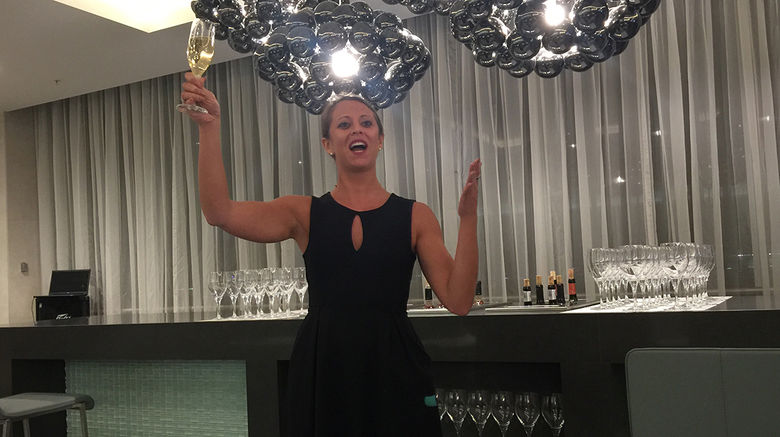 American Airlines will formally open its new Flagship Lounge in Miami on Nov. 21. But all systems were go at the enormous 29,000 square-foot facility during a gala opening party on Nov. 14. The lounge, the third in American's new Flagship program, will primarily be open to international first- and business-class fliers traveling on American or one of its Oneworld partners. Among its features is Flagship First fine dining, a free table service available to international first-class ticket holders. Chief bartender Pamela Wiznitzer gives a toast celebrating the new lounge.