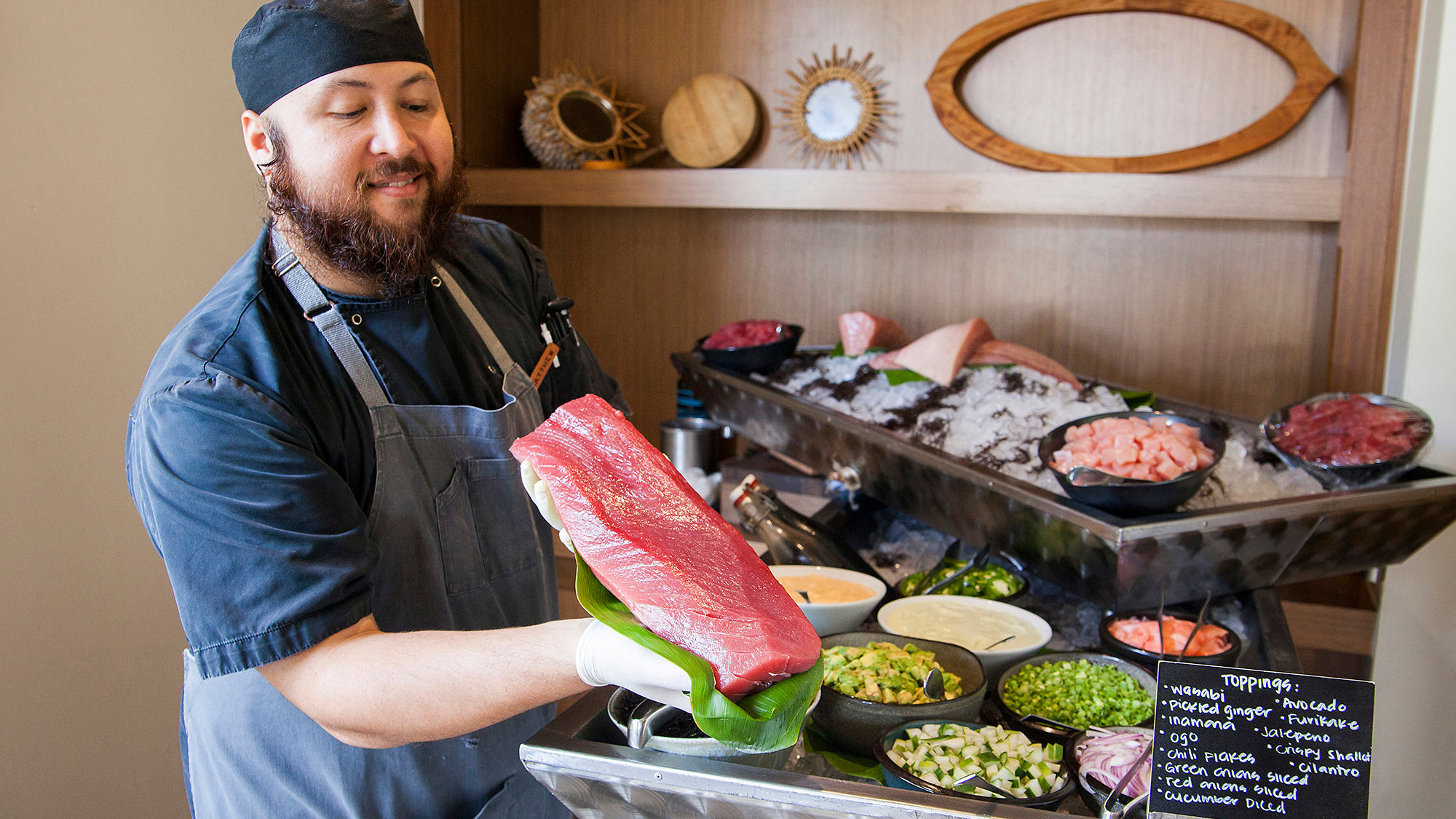 The "Brunch for All Seasons" held every Sunday at Four Seasons Resort Oahu at Ko Olina highlights many of the culinary traditions and influences of Hawaiian cuisine, including a design-your-own poke station.