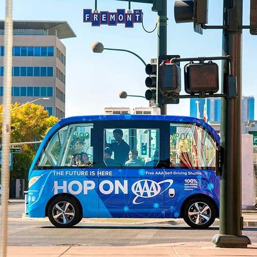 The bright blue minibus features seating for eight and will operate on a loop around Fremont East. The bright blue minibus features seating for eight and will operate on a loop around Fremont East.