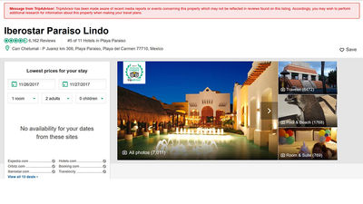 A screen shot showing TripAdvisor's vague warning atop the review page for Iberostar Paraiso Lindo.