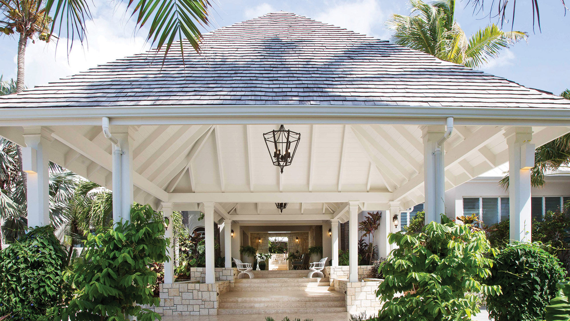 The entrance of the Curtain Bluff, a resort in Antigua’s Old Road village that recently completed a $13 million renovation.