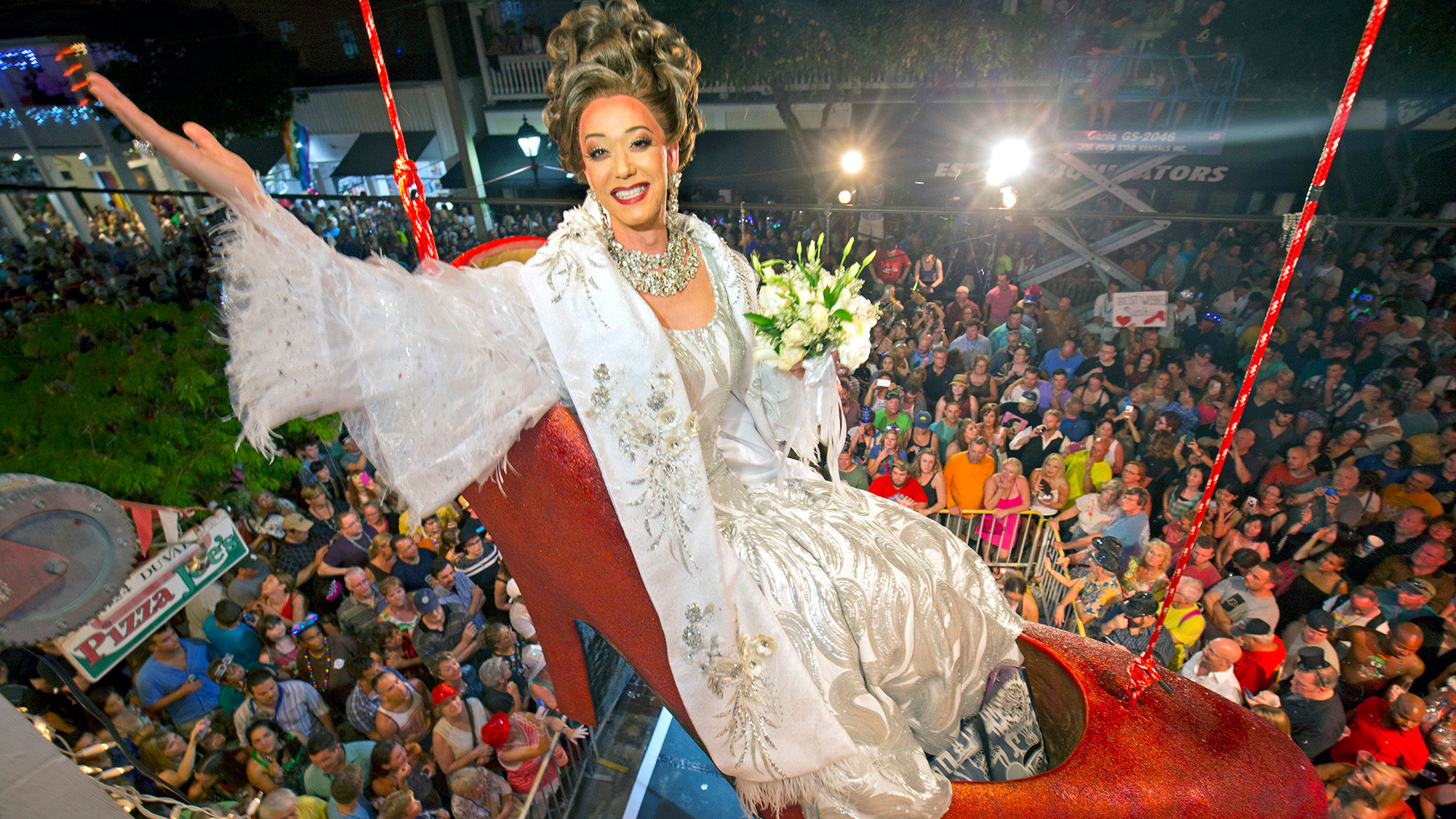 A super-sized red high-heel shoe carrying drag queen Sushi will ring in the New Year at the Bourbon St. Pub/New Orleans House complex in Key West.