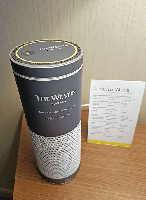 An Amazon Echo branded for the Westin Buffalo and its user's guide.