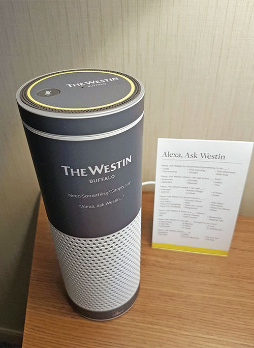 An Amazon Echo branded for the Westin Buffalo and its user's guide. An Amazon Echo branded for the Westin Buffalo and its user's guide.