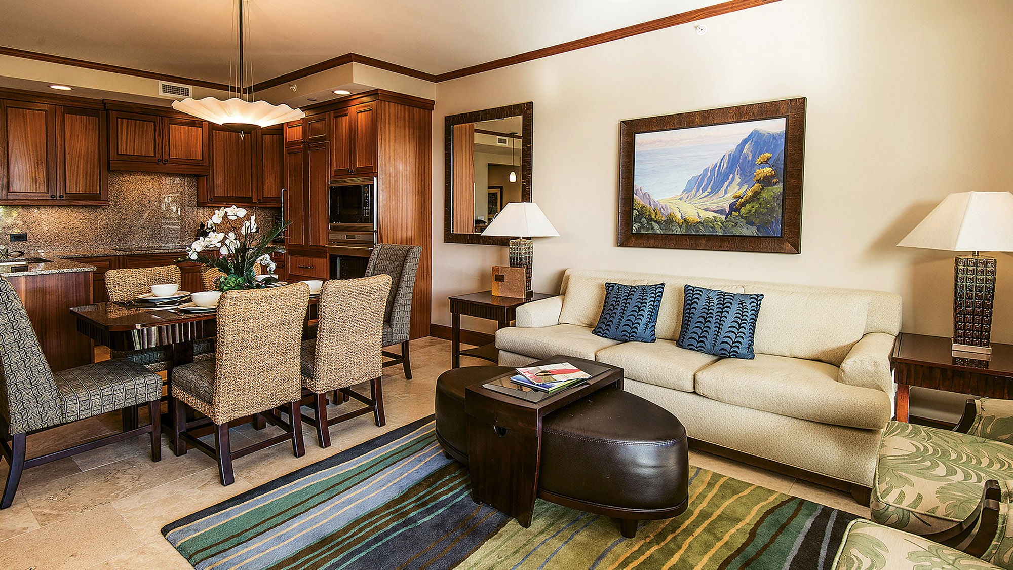 The living room in a spacious two-bedroom Luxury Villa at Koloa Landing.