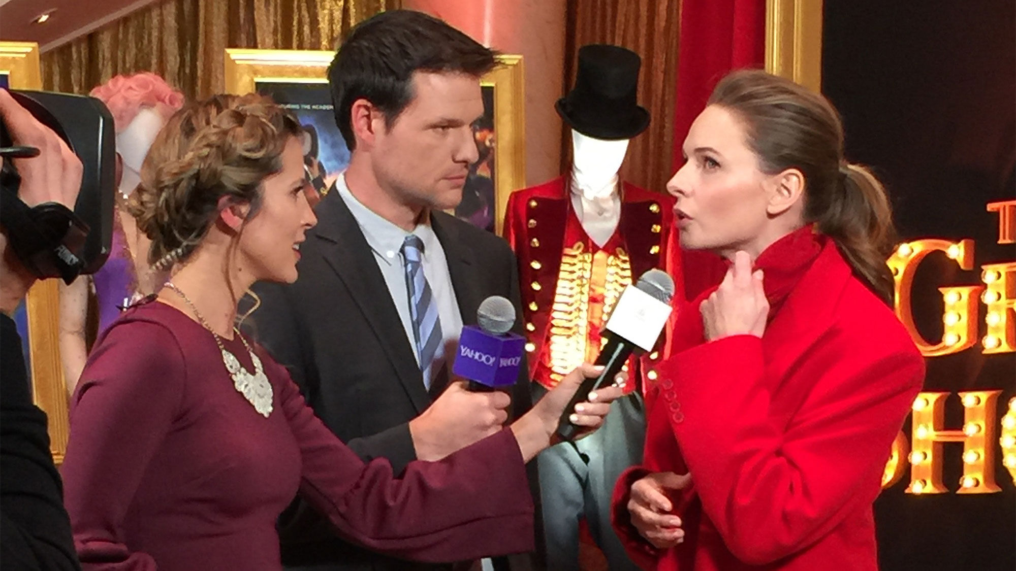 Actress Rebecca Ferguson, who plays Jenny Lind in "The Greatest Showman," being interviewed prior to appearing on the red carpet aboard the Queen Mary 2.