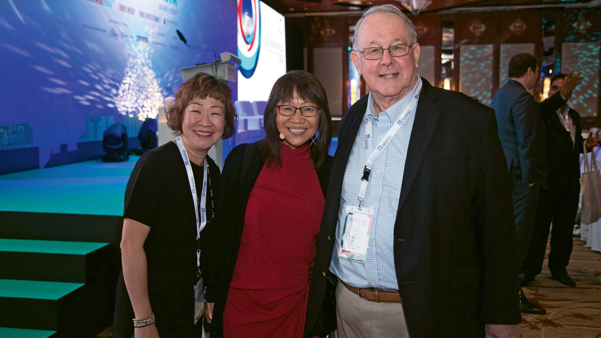 Destination Asia’s Bob Guy with Aileen Thangaveloo, left, director of marketing for Frozen Lime Asia, and Yeoh Siew Hoon, editorial director of Northstar Travel Group Asia, at CruiseWorld Asia.
