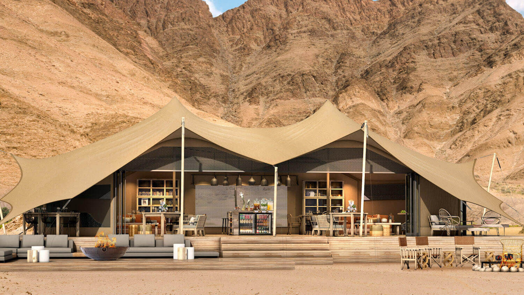 A rendering of the lobby area of Hoanib Valley Camp, set to open in northwest Namibia in May.