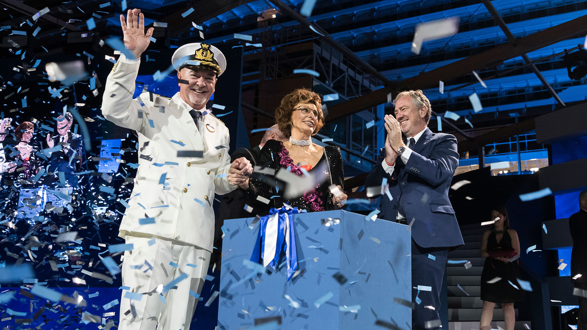 From left, MSC Seaside Capt. Pier Paolo Scala, godmother Sophia Loren and MSC executive chairman Pierfrancesco Vago.