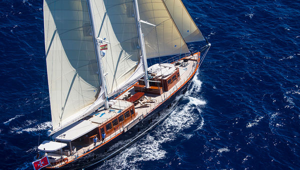 Borgo Santo Pietro's 136-foot, hand-built wooden schooner, which is available for exclusive charter in the Mediterranean.