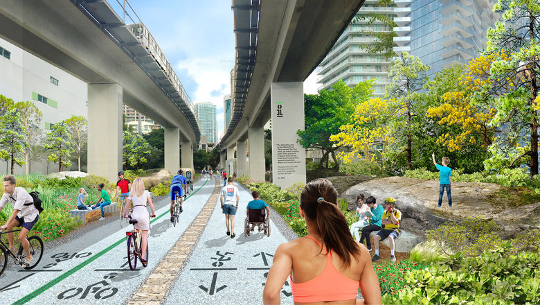 A rendering of the bike and pedestrian paths in the Brickell Backyard section of the Underline.