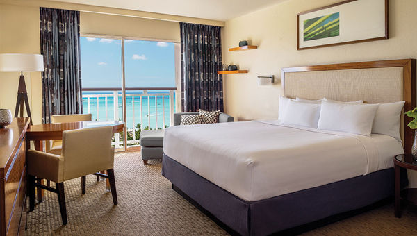 A room with an ocean and pool view at the Hyatt Regency Aruba. A room with an ocean and pool view at the Hyatt Regency Aruba.
