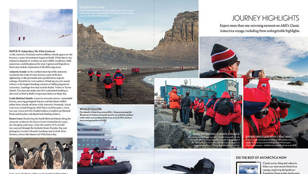 A page from Abercrombie & Kent’s 2018 Antarctica brochure, which is more of an editorial product than its 20th century predecessors.