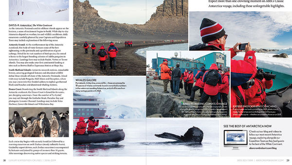 A page from Abercrombie & Kent’s 2018 Antarctica brochure, which is more of an editorial product than its 20th century predecessors. A page from Abercrombie & Kent’s 2018 Antarctica brochure, which is more of an editorial product than its 20th century predecessors.