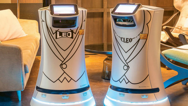 Hotel EMC2's Relay robots, Leo and Cleo, can deliver items to guestrooms and "introduce" themselves. Hotel EMC2's Relay robots, Leo and Cleo, can deliver items to guestrooms and "introduce" themselves.