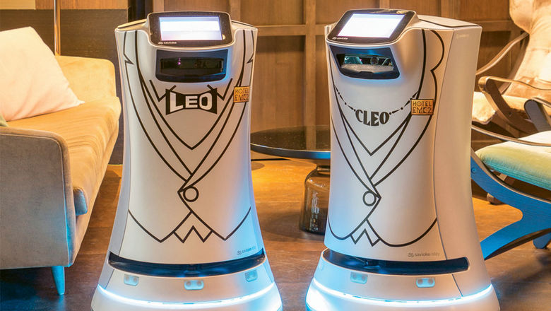 Hotel EMC2's Relay robots, Leo and Cleo, can deliver items to guestrooms and "introduce" themselves.
