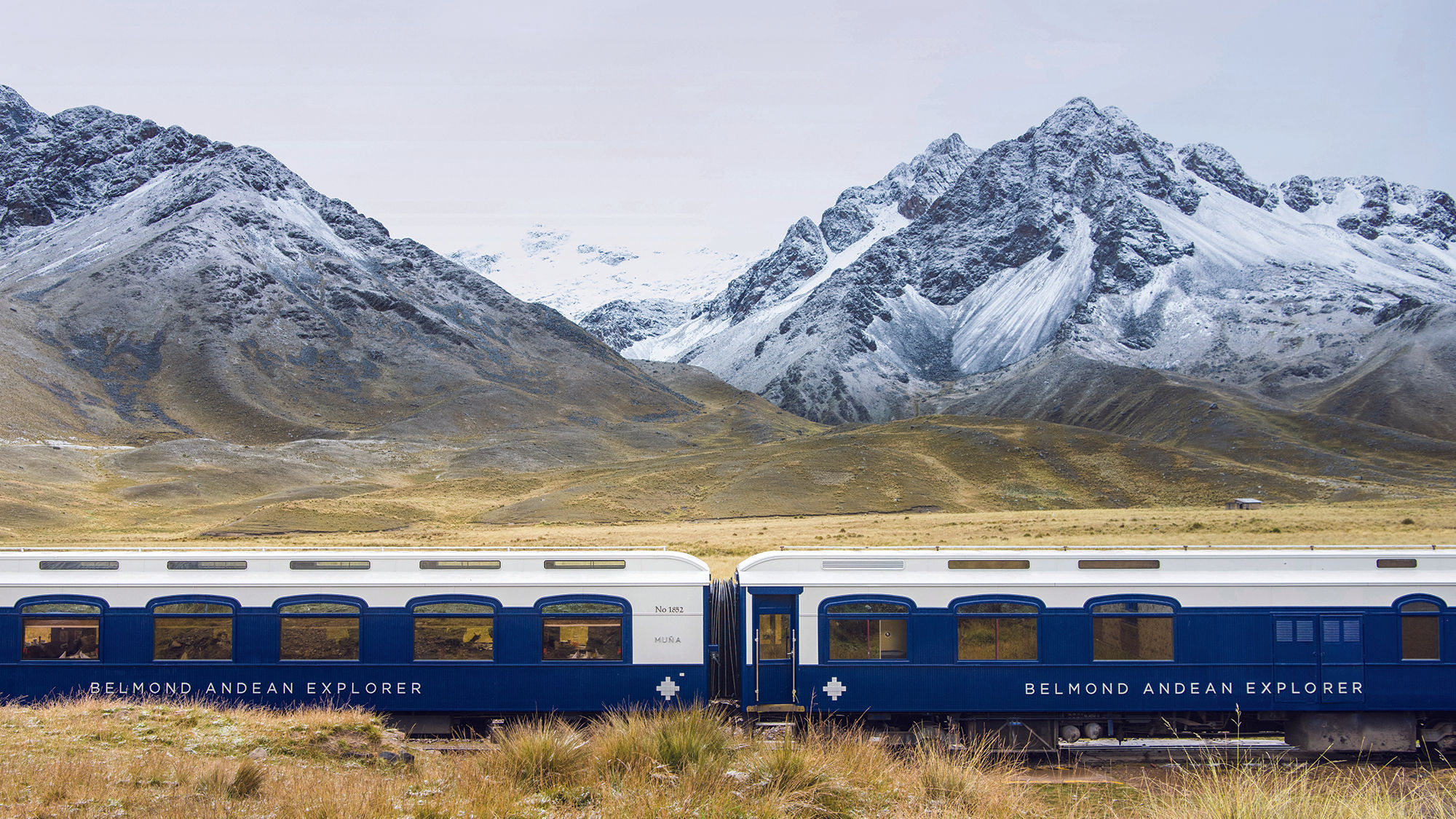 The Belmond Andean Explorer chugs along through the Peruvian altiplano, carrying passengers in comfort and luxury.