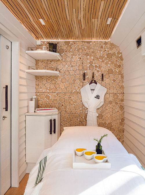 The spa car on the Belmond Royal Scotsman, where guests can get facials and massages. The spa car on the Belmond Royal Scotsman, where guests can get facials and massages.