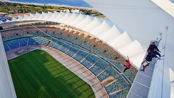 A thrill-seeker rides the Big Rush, a swing off a platform at Moses Mabhida Stadium, where visitors can also take in views of Durban and the Indian Ocean. A thrill-seeker rides the Big Rush, a swing off a platform at Moses Mabhida Stadium, where visitors can also take in views of Durban and the Indian Ocean.