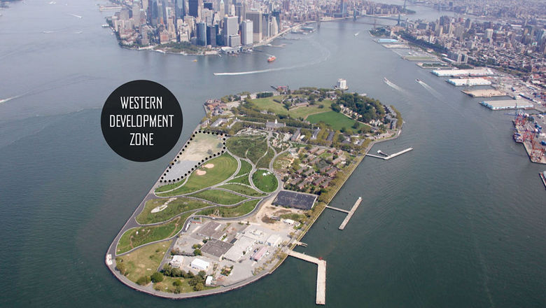 An aerial view of Governors Island that outlines where the retreat will be.