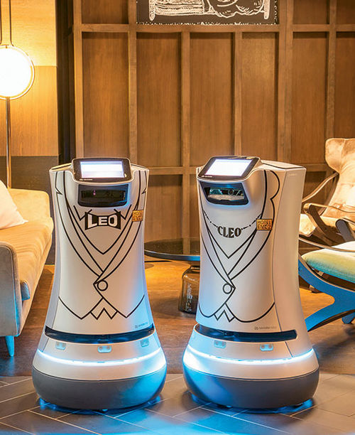 Hotel EMC2’s Relay robots, Leo and Cleo, can deliver items to guestrooms and “introduce” themselves. Hotel EMC2’s Relay robots, Leo and Cleo, can deliver items to guestrooms and “introduce” themselves.
