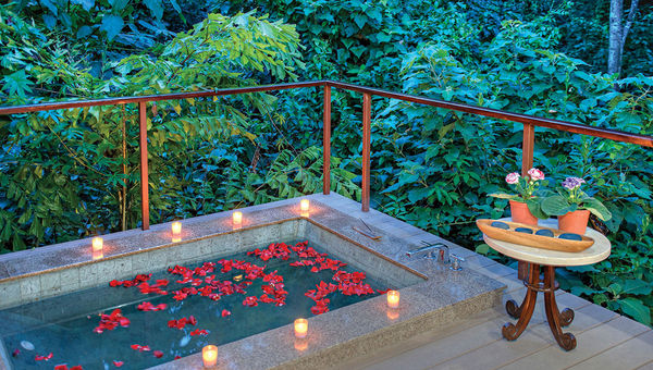 A rose-petal-infused whirlpool tub in a treatment bungalow in the hotel’s highly regarded spa, which is shared with the neighboring Nayara Resort, Spa & Gardens.