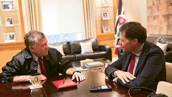 King Abdullah II of Jordan, left, and Travel Weekly’s Arnie Weissmann talk travel at the royal palace. King Abdullah II of Jordan, left, and Travel Weekly’s Arnie Weissmann talk travel at the royal palace.
