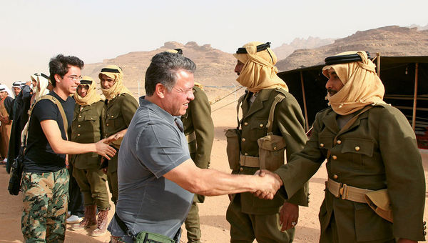 In Wadi Rum, King Abdullah II and Crown Prince Hussein meet actors portraying soldiers in a re-enactment of the Great Arab Revolt of 1916. In Wadi Rum, King Abdullah II and Crown Prince Hussein meet actors portraying soldiers in a re-enactment of the Great Arab Revolt of 1916.