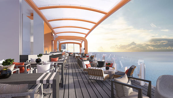 The Dinner on the Edge restaurant will occupy the Magic Carpet, the movable space cantilevered off the side of the ship. The Dinner on the Edge restaurant will occupy the Magic Carpet, the movable space cantilevered off the side of the ship.