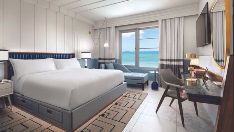 An oceanfront guestroom at the Cadillac Hotel & Beach Club.