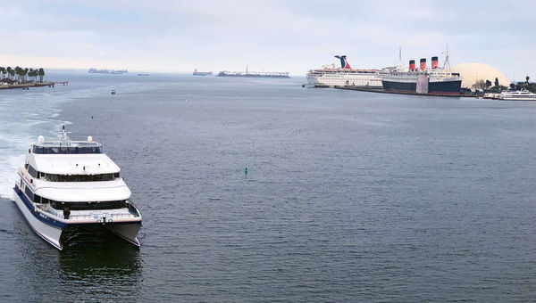 The Catalina Express underway with the Queen Mary and a Carnival Cruise Line ship in the background. The Catalina Express underway with the Queen Mary and a Carnival Cruise Line ship in the background.