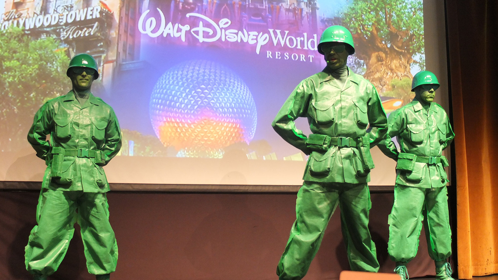 Green Army Men from the Toy Story franchise at a Disney event for travel agents in New York.