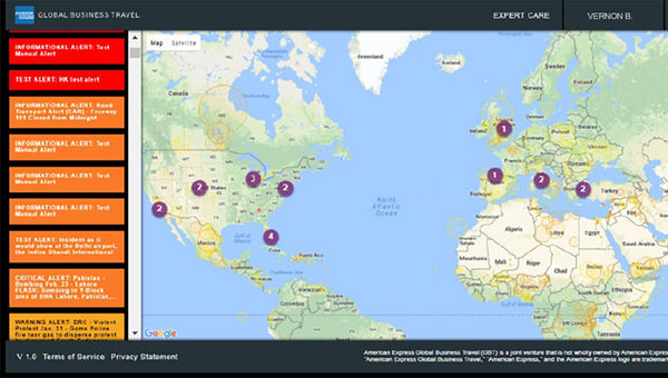 GBT’s Expert Care platform, which helps track travelers. GBT’s Expert Care platform, which helps track travelers.