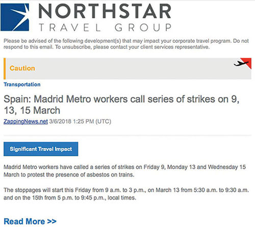 An example of the email alerts Intelliguide sends subscribers whenever a potential travel disrupter occurs. An example of the email alerts Intelliguide sends subscribers whenever a potential travel disrupter occurs.
