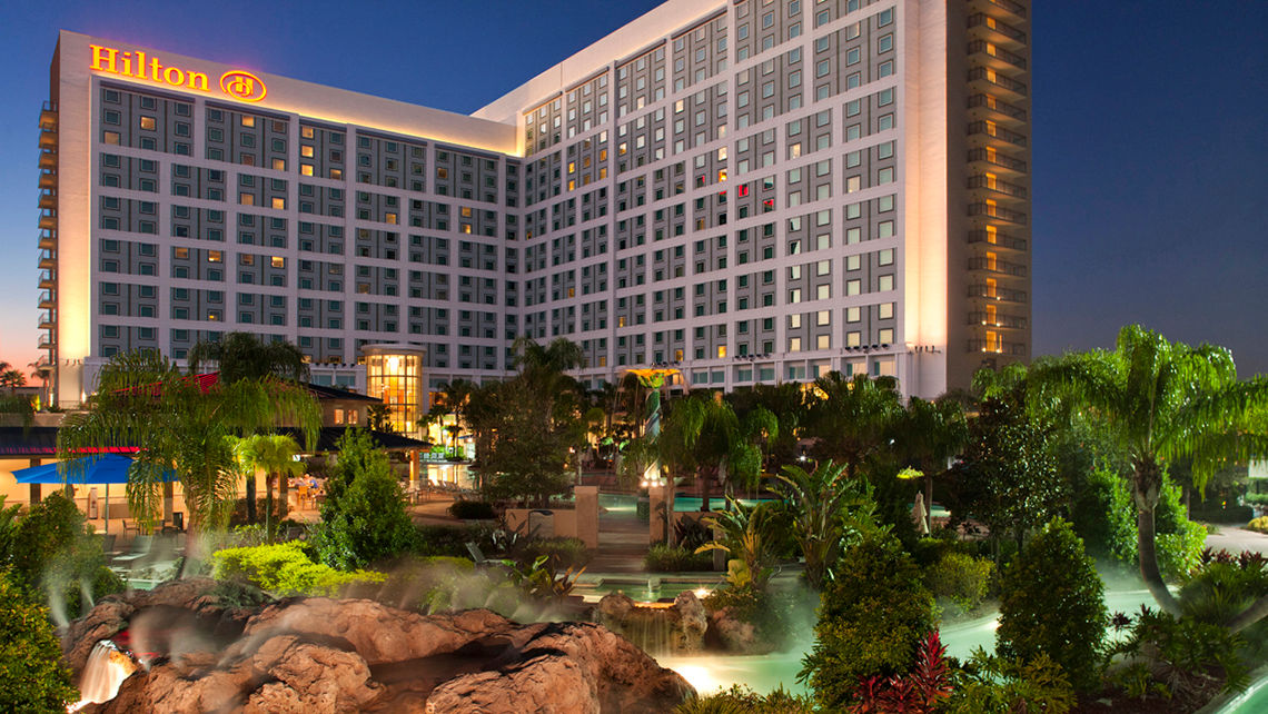 The Hilton Orlando includes a lazy river that winds through the hotel's pool area.