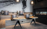 The 175-room hotel has a small, wooden stadium-seating area where guests can either socialize or plug in and work.