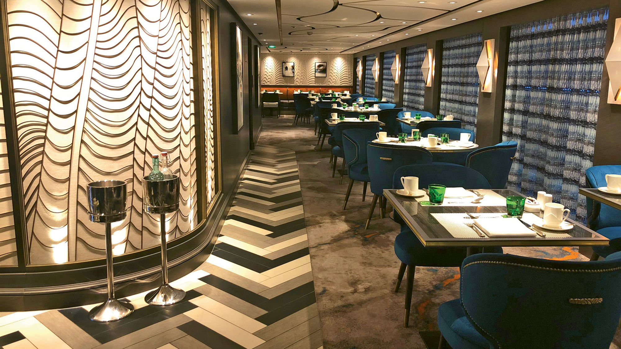 The fine-dining Waterside Lounge serves buffet breakfasts and lunches and a curated sit-down dinner.