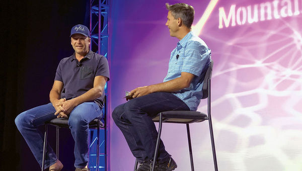 Olympic gold medalist and world champion skier Bode Miller, left, speaking about his career with outdoor adventure TV presenter Ryan Van Duzer.